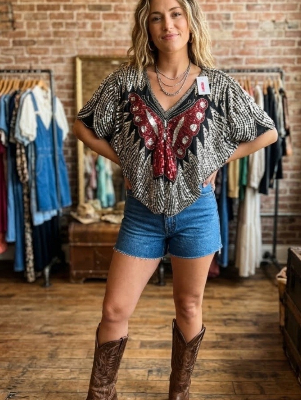 Sequined Butterfly Embellished V-Neck Top - Black & Red Disco Fashion